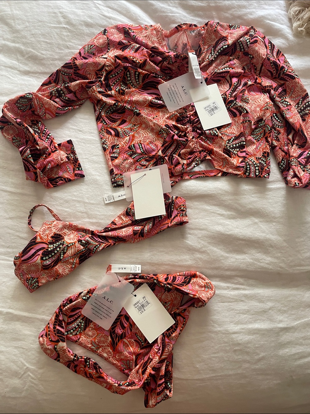 NWT A.L.C. Coral and Black Paisley Bikini Set with Rashguard